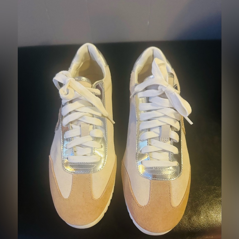 Coach Cream and Tan Sneakers with Silver Accents Worn only twice .
